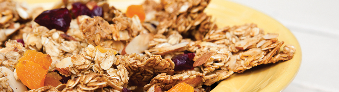 granola A yellow plate topped with granola and fruit