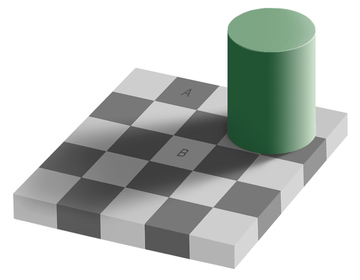 teaser-adelson-01 A 3d image of a checkered surface with a green cylinder