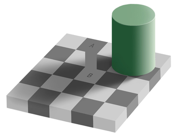 teaser-adelson-02 A 3d image of a checkered surface with a green cylinder