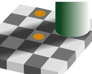 teaser-adelson-03 A 3d image of a checkered surface with a green cylinder