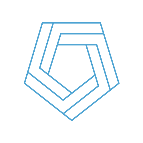 A blue line drawing of a hexagonal object